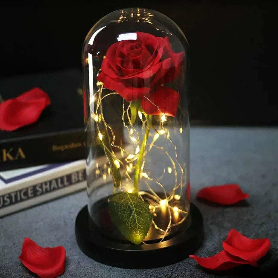Вечна роза в стъкленица с LED подсветка - Красавицата и Звяра